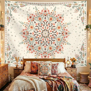 Cream boho floral mandala tapestry with coral teal sage and brown details