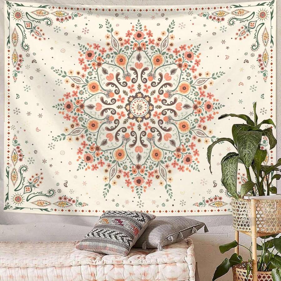 Cream boho floral mandala tapestry with coral teal sage and brown details