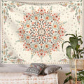Bohemian mandala wall hanging displayed above bed in neutral bedroom