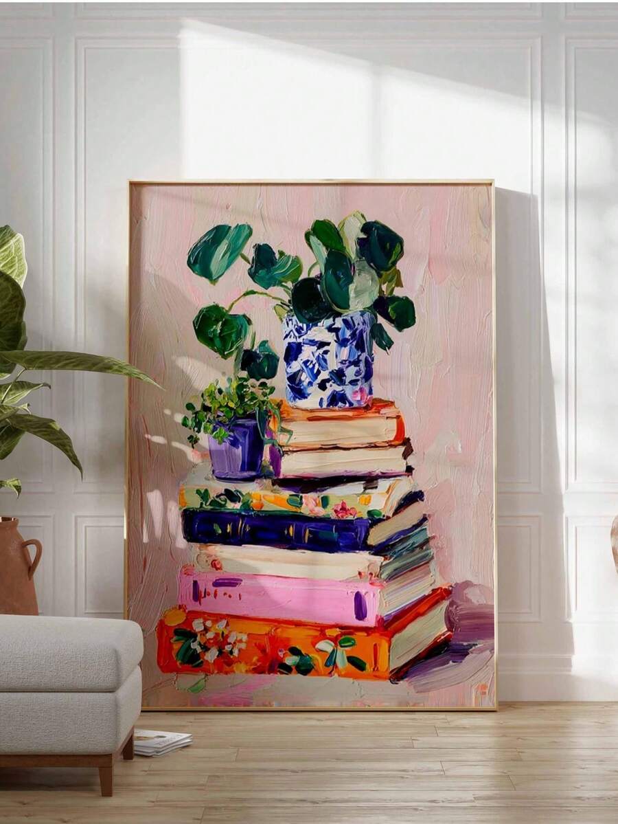 Large book and plant impressionist poster in bright paneled living room
