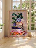 Framed colorful books and potted plants artwork by tall grid windows