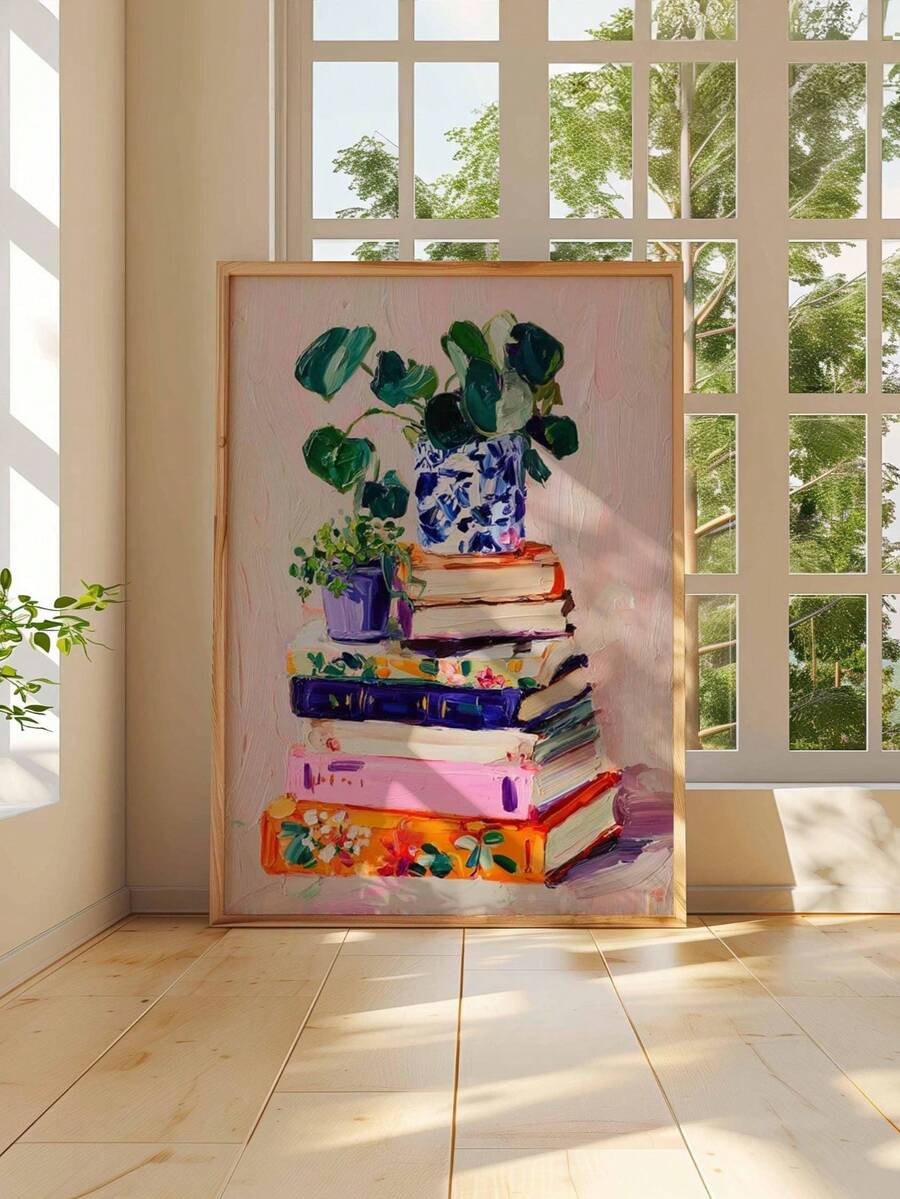 Framed colorful books and potted plants artwork by tall grid windows