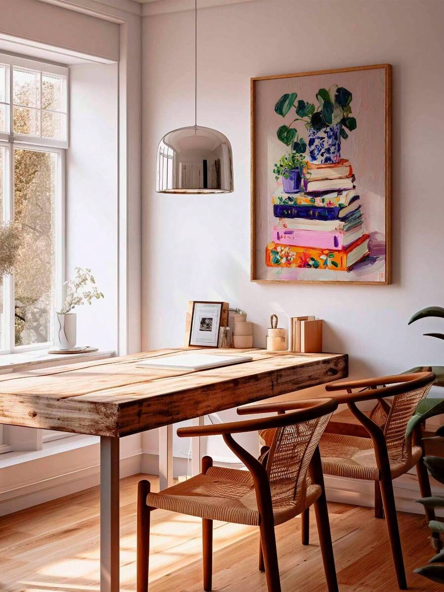 Modern plant and book still life canvas above rustic dining table