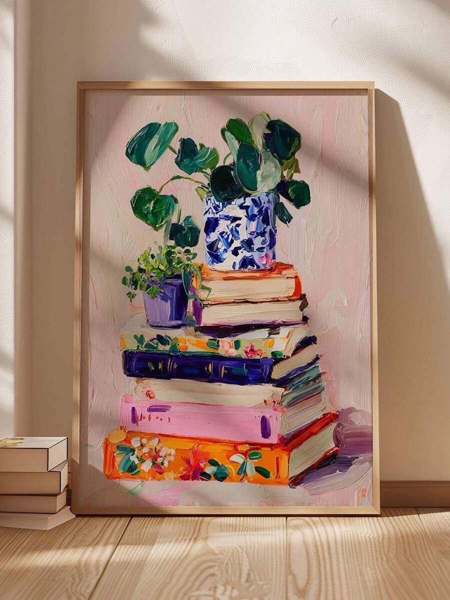Colorful stacked books and plants canvas leaning in pale wood frame