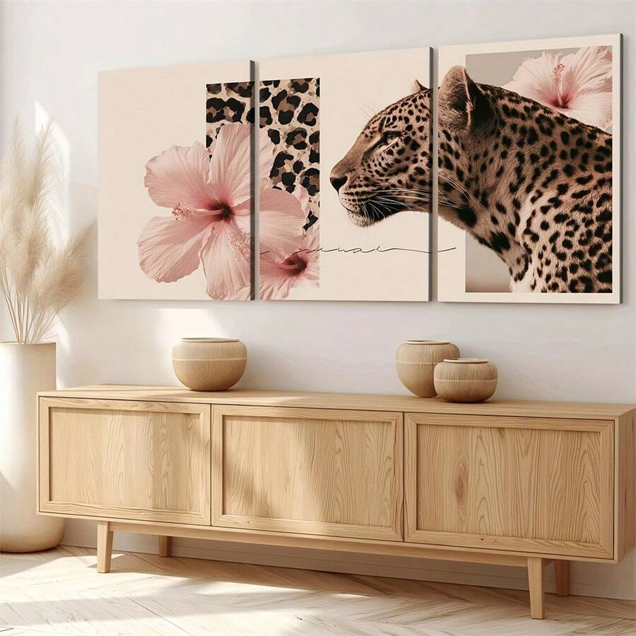 Leopard wall art triptych above bed with pink hibiscus flowers and animal print panels