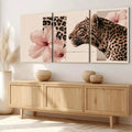 Pink hibiscus print triptych in living room with leopard profile and neutral safari colors