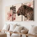 Boho animal print wall art above bench with blush pink cream tan and black palette