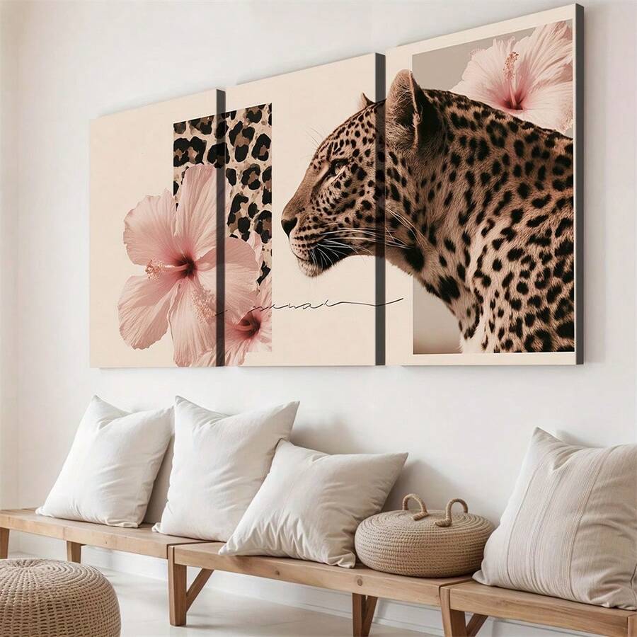 Boho animal print wall art above bench with blush pink cream tan and black palette