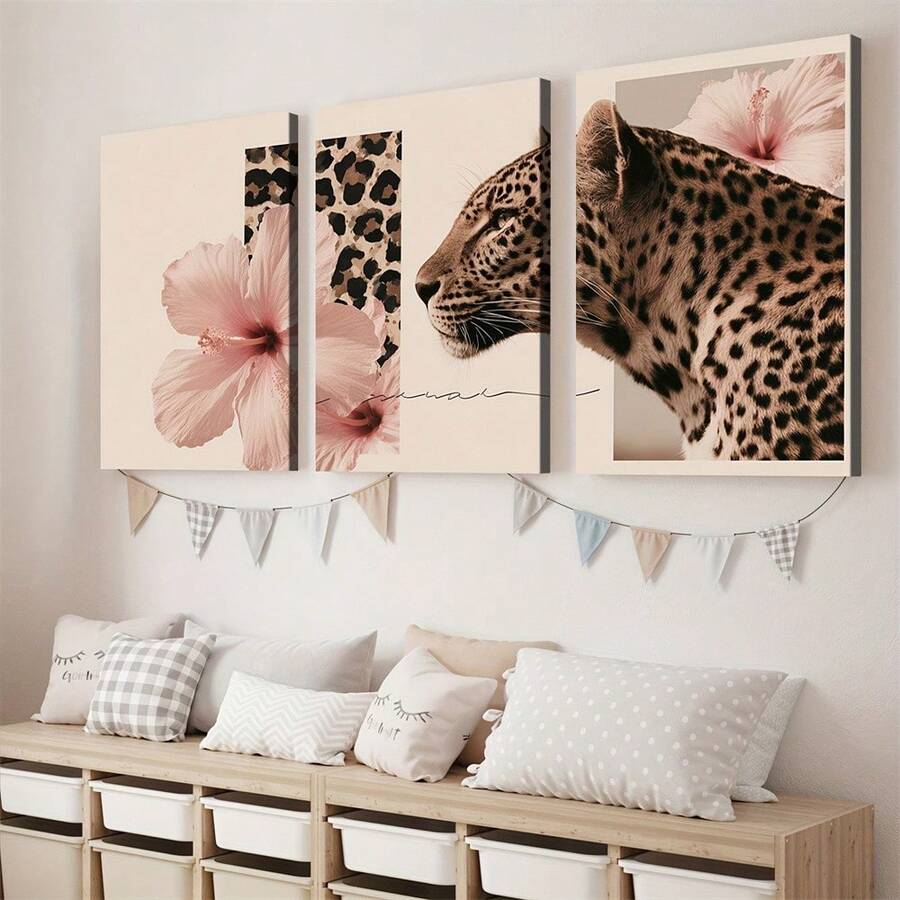 Three panel wall art styled in nursery with leopard spots tropical flowers and beige decor