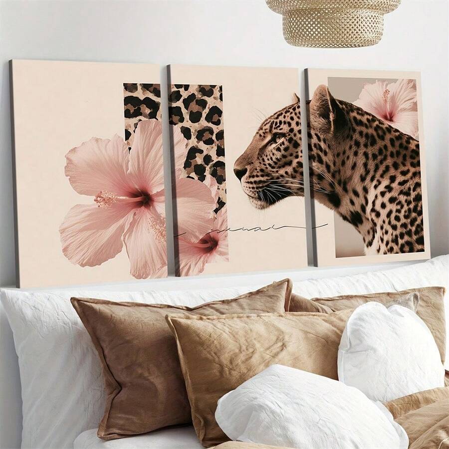 Leopard wall art three panel set above bed with pink hibiscus flowers and blush tones