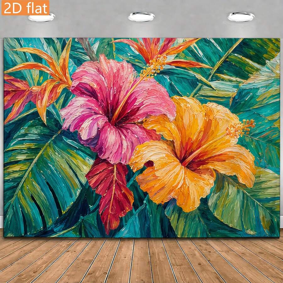 Pink and orange hibiscus floral tapestry with teal tropical leaves