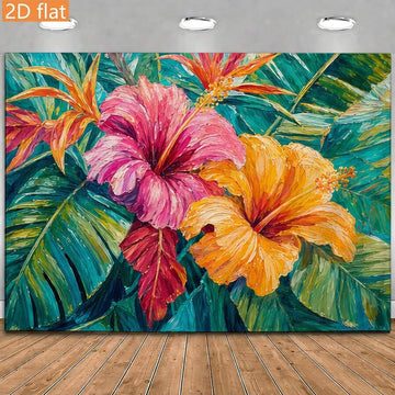 Pink and orange hibiscus floral tapestry with teal tropical leaves