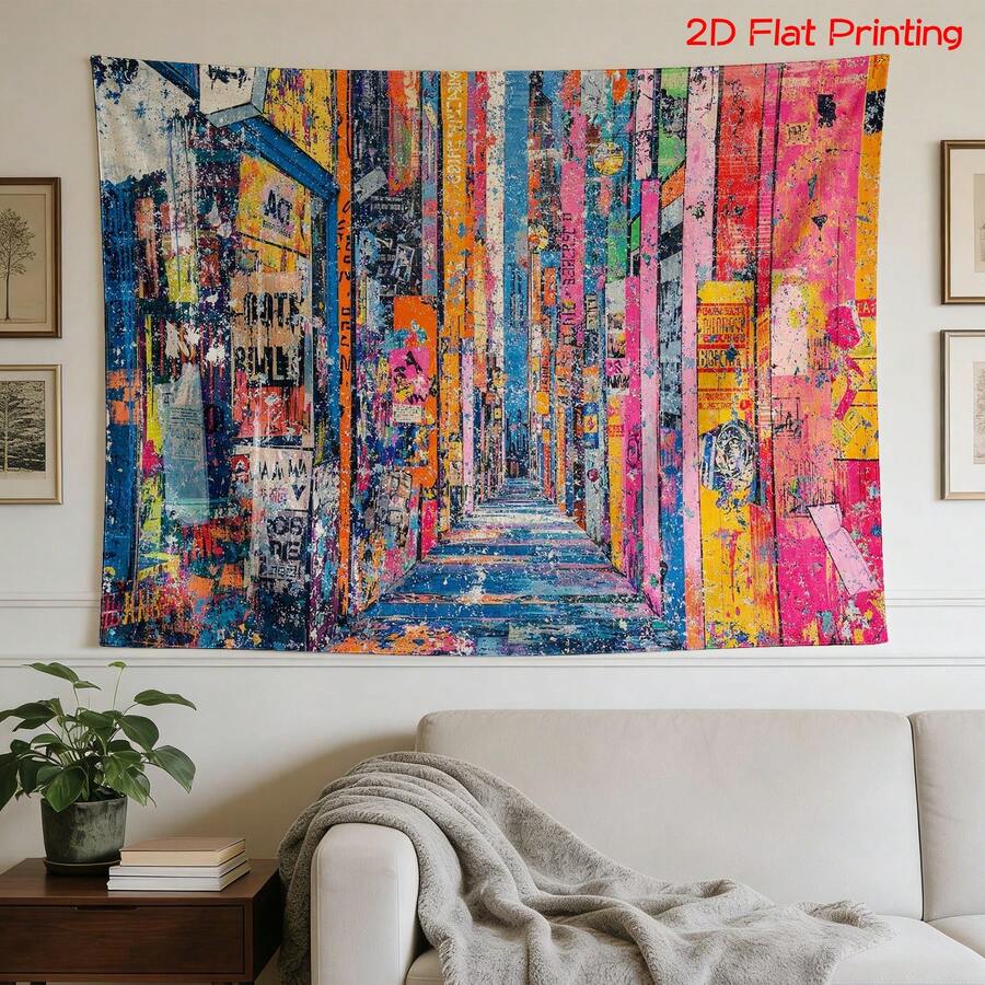 Urban graffiti tapestry above white sofa with colorful alley perspective