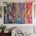 Urban graffiti tapestry above white sofa with colorful alley perspective