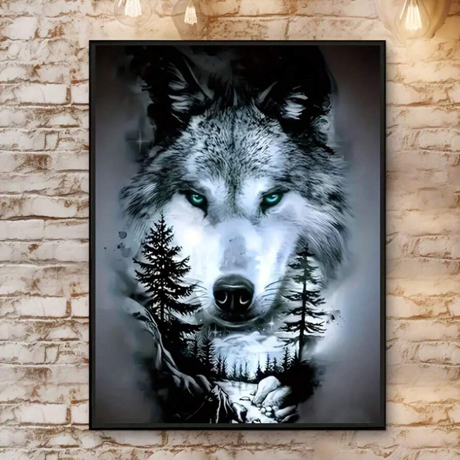 Wolf portrait fantasy forest canvas wall art with modern animal theme mural style