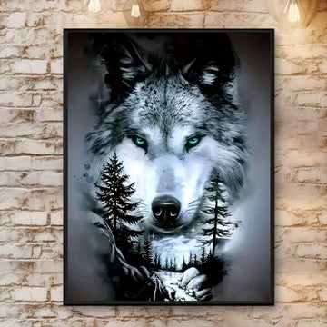 Wolf portrait fantasy forest canvas wall art with modern animal theme mural style