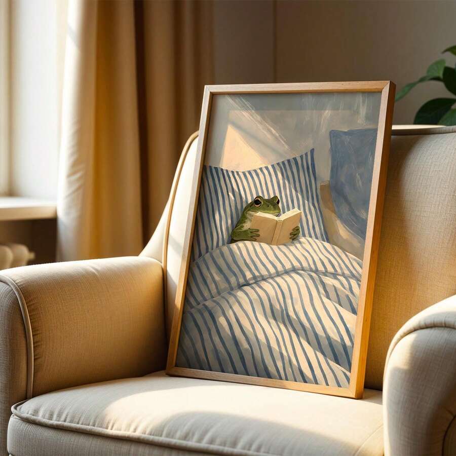 Green frog reading a beige book in blue striped bed artwork