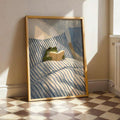 Whimsical frog book artwork on checkerboard floor by radiator