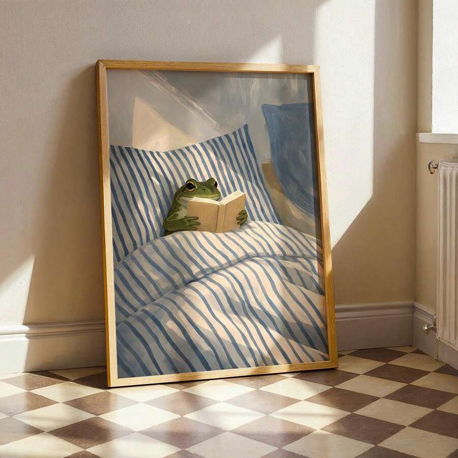 Whimsical frog book artwork on checkerboard floor by radiator