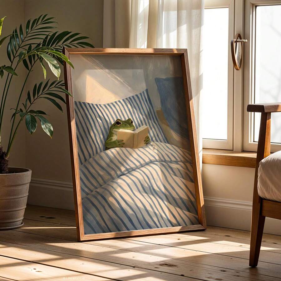 Framed green frog reading poster beside potted palm and window