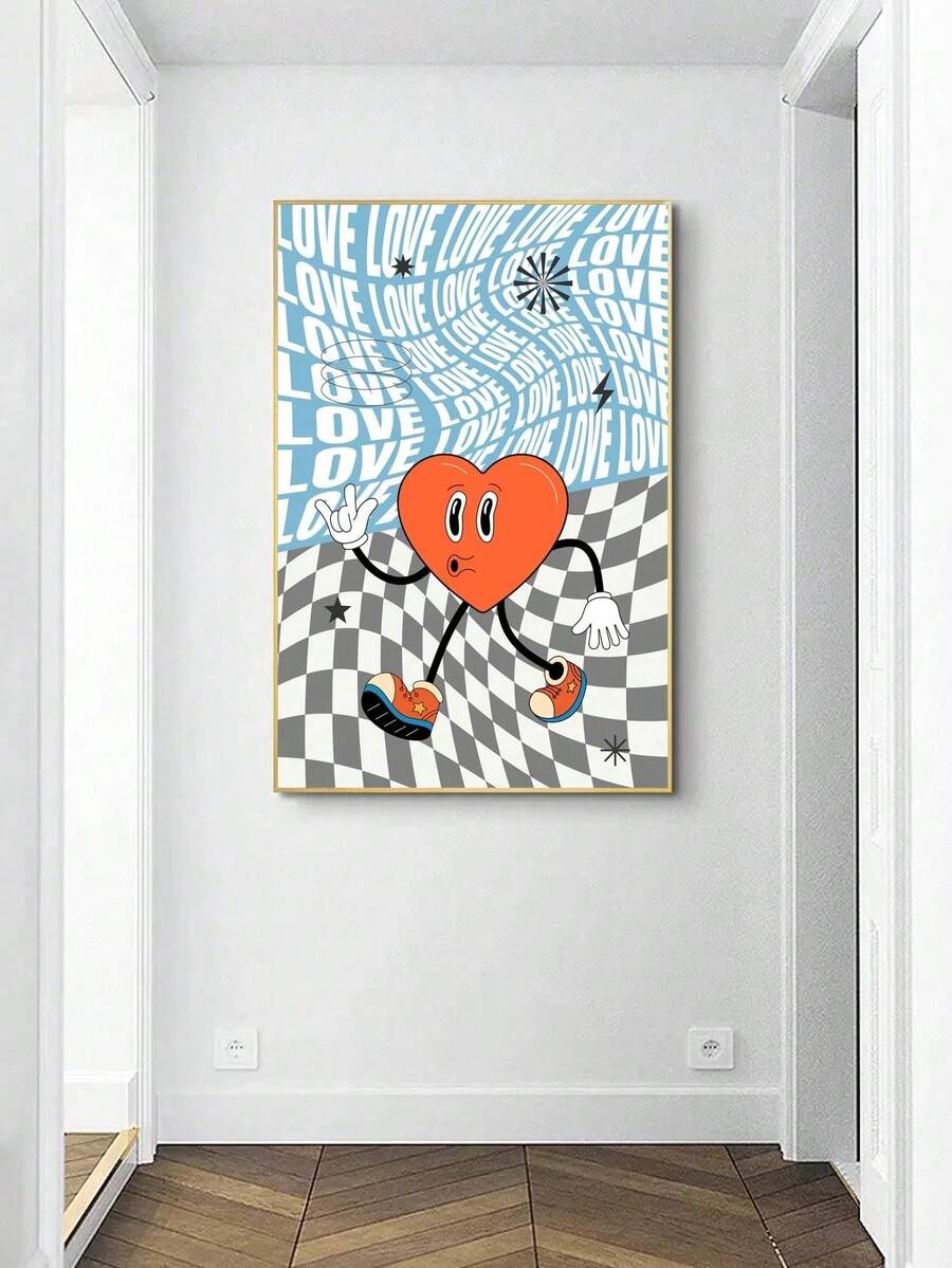 Modern orange heart canvas poster styled in a bright living room