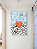 Orange heart and LOVE lettering canvas poster with warped checkerboard pattern
