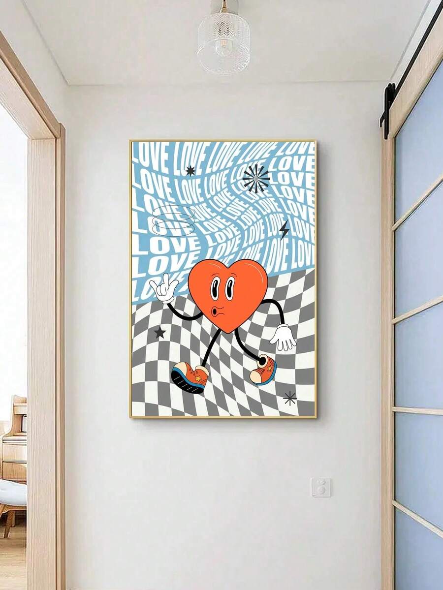 Orange heart and LOVE lettering canvas poster with warped checkerboard pattern
