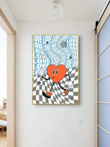 Orange heart and LOVE lettering canvas poster with warped checkerboard pattern