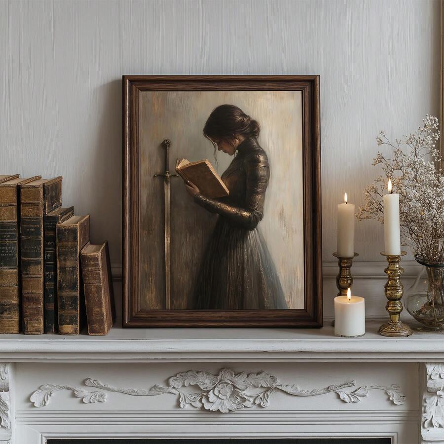 Dark academia reading poster on candle mantel