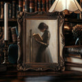 Small ornate framed reading woman art on desk