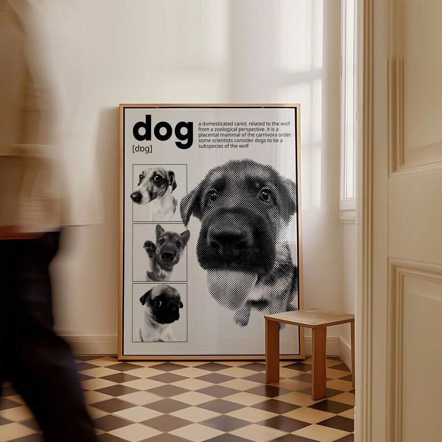 Modern monochrome pet lover wall print on pink wall
