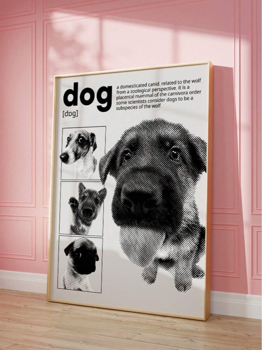 Framed dog definition poster leaning in bedroom corner