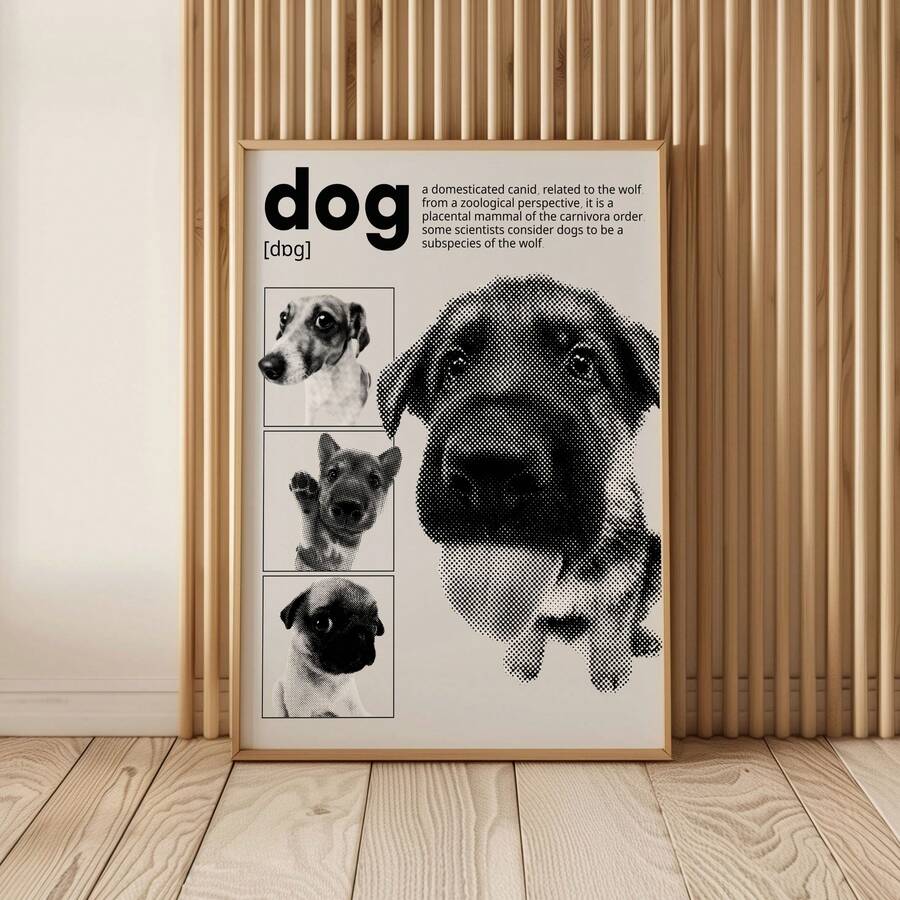 Dog poster with puppy portraits in natural wood frame