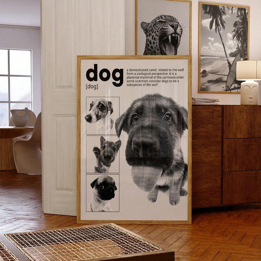 Black and white dog dictionary typography wall art poster