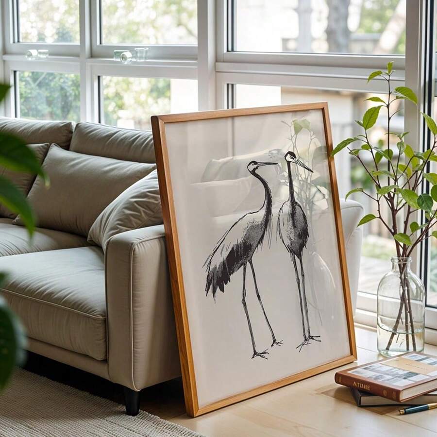 Framed Japanese crane sketch poster leaning near sofa window and glass vase with branches
