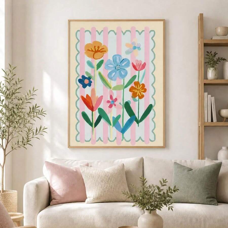 Large pastel boho floral garden poster above sofa with soft pillows