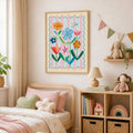 Pastel striped floral poster hanging above child bed in cozy nursery