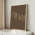 Rustic cowgirl clothesline canvas poster with cream line art on warm taupe brown background