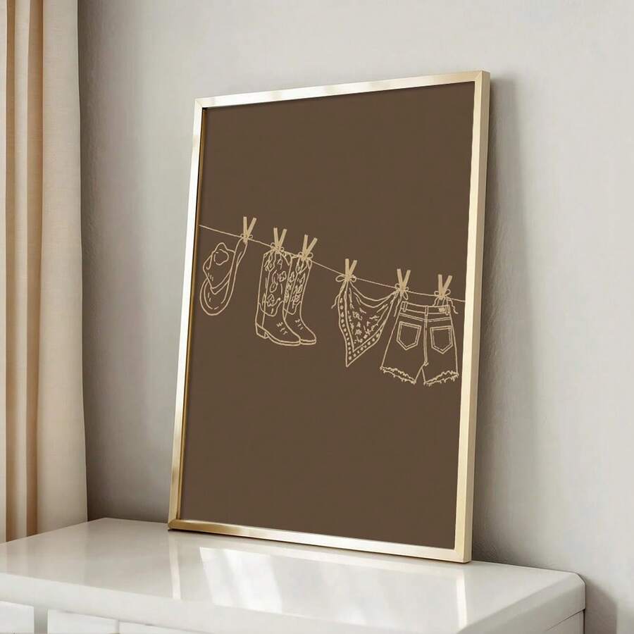 Rustic cowgirl clothesline canvas poster with cream line art on warm taupe brown background