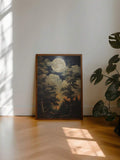 Wood framed full moon forest poster leaning on minimalist wall near monstera plant
