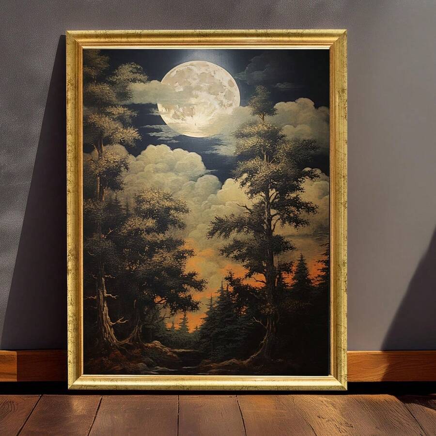 Gold framed full moon forest night poster leaning against gray wall on wood floor