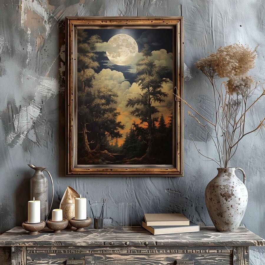 Antique framed moonlight forest poster above rustic console with vase and candles