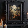 Vintage landscape print with dark trees cream moon and burnt orange horizon