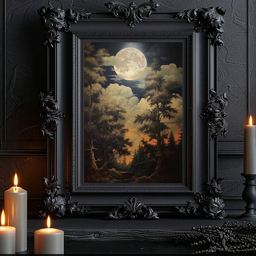 Vintage landscape print with dark trees cream moon and burnt orange horizon