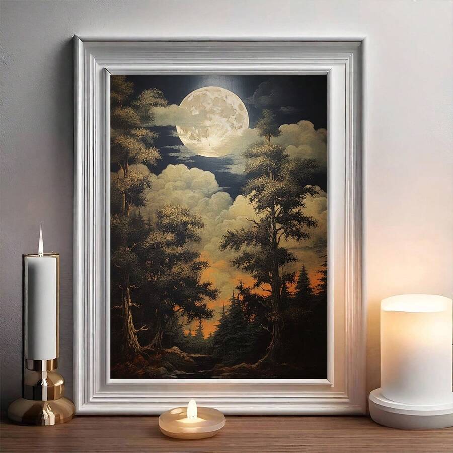 Vintage moonlit forest canvas print with full moon and dark trees
