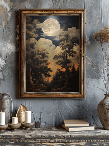 Framed vintage moonlit forest poster on blue wall above rustic console with candles books and vase