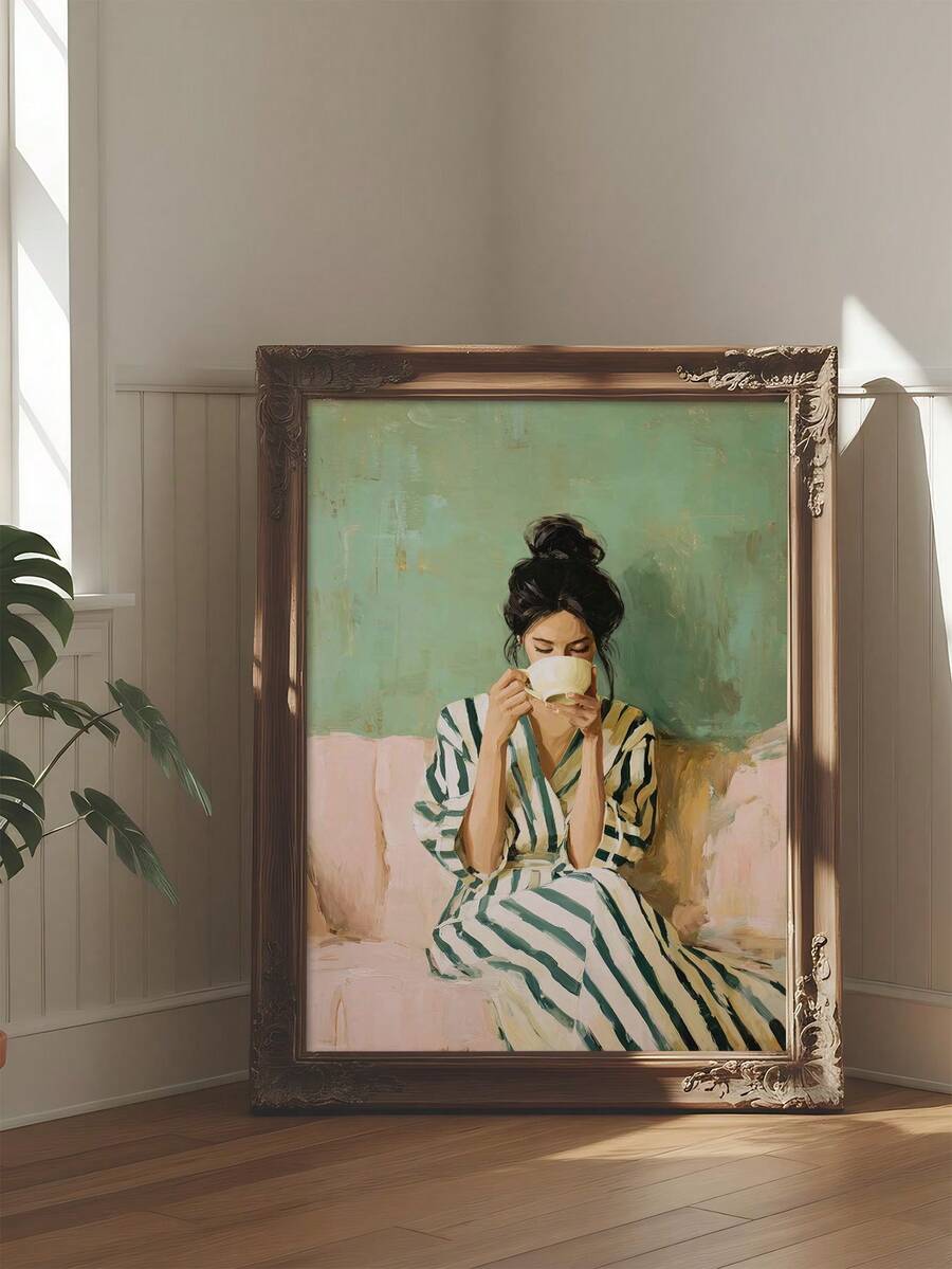Woman with coffee reading nook wall art display
