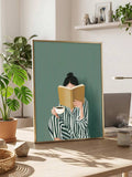 Framed woman reading poster beside a bright window