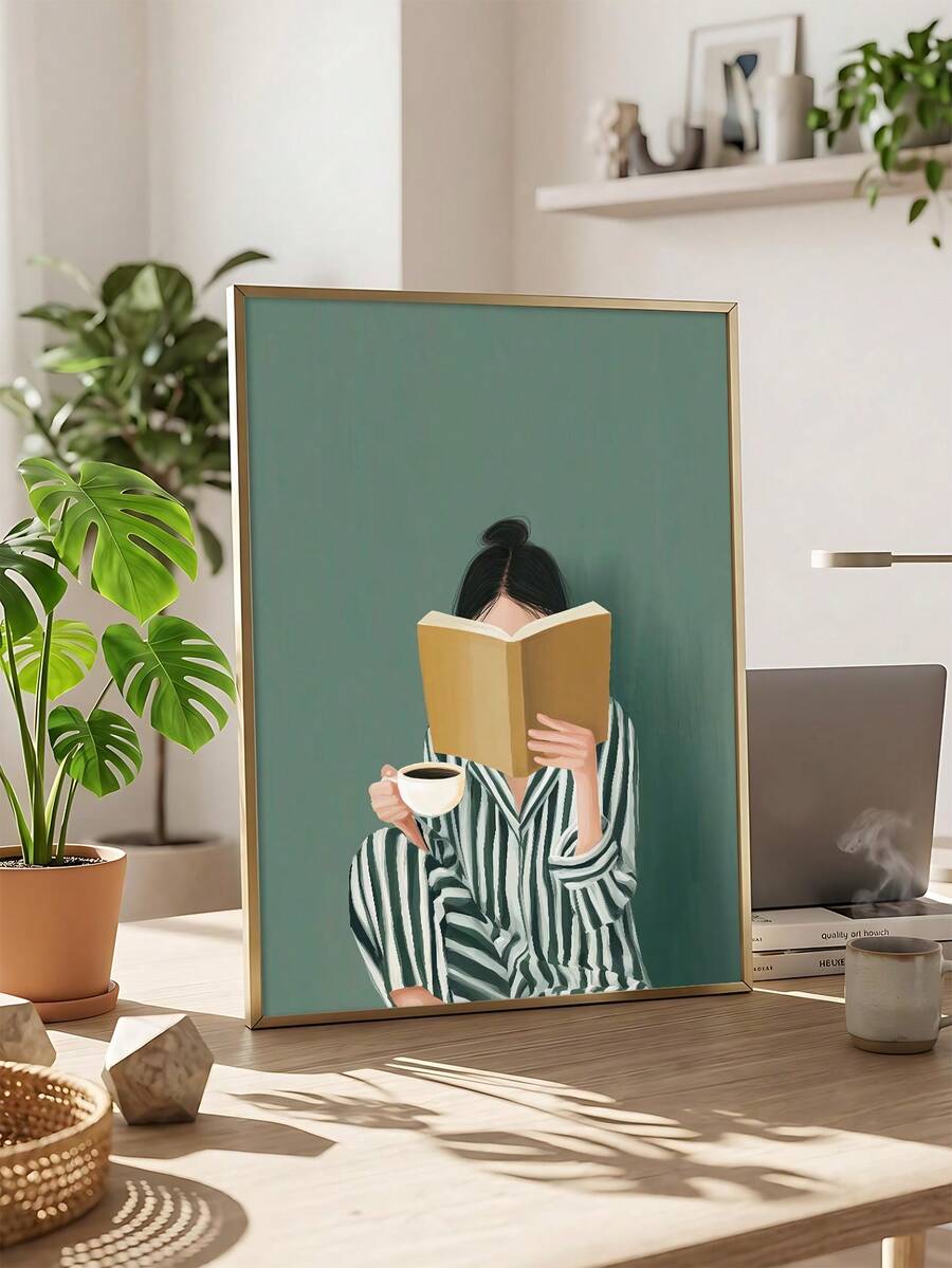 Framed woman reading poster beside a bright window