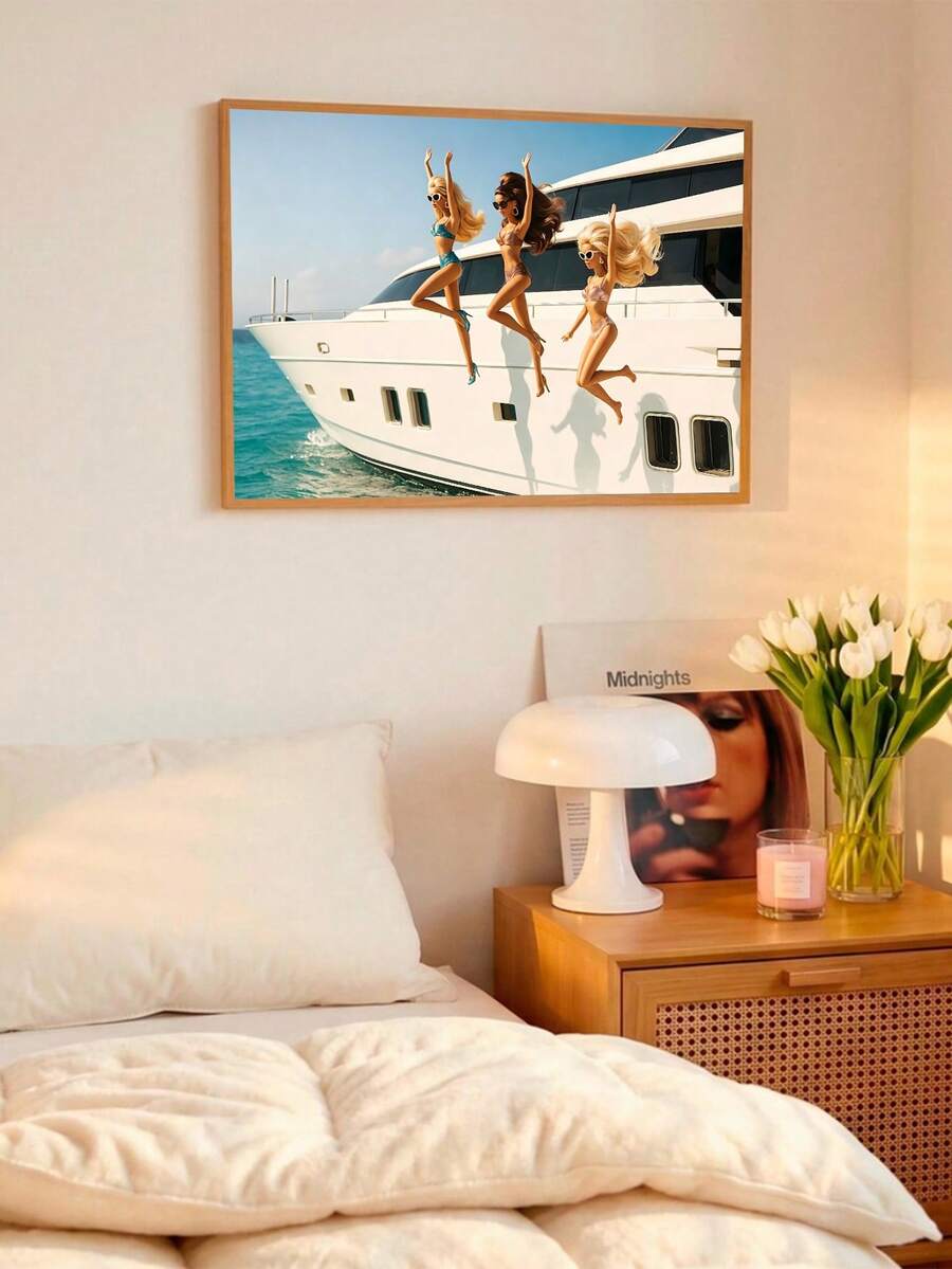 Horizontal yacht pop art print leaning against a colorful wall